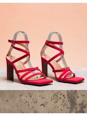 Red Strappy High-Heel Sandals With Square Toe & Adjustable Ankle Strap - Bella M
